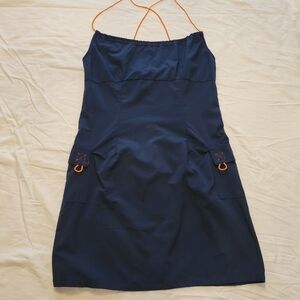 Elegant Navy Blue Dress with Orange Accents